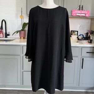Tahari Classic Black Dress Three Quarter Sleeves Lace Cuff Lace Back Size 14
